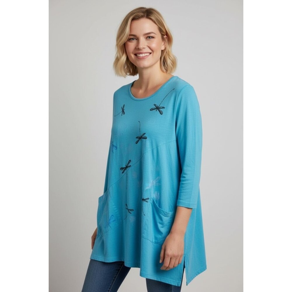 Jess & Jane Turquoise Dragonfly Print Cotton Tunic Pocket Top L